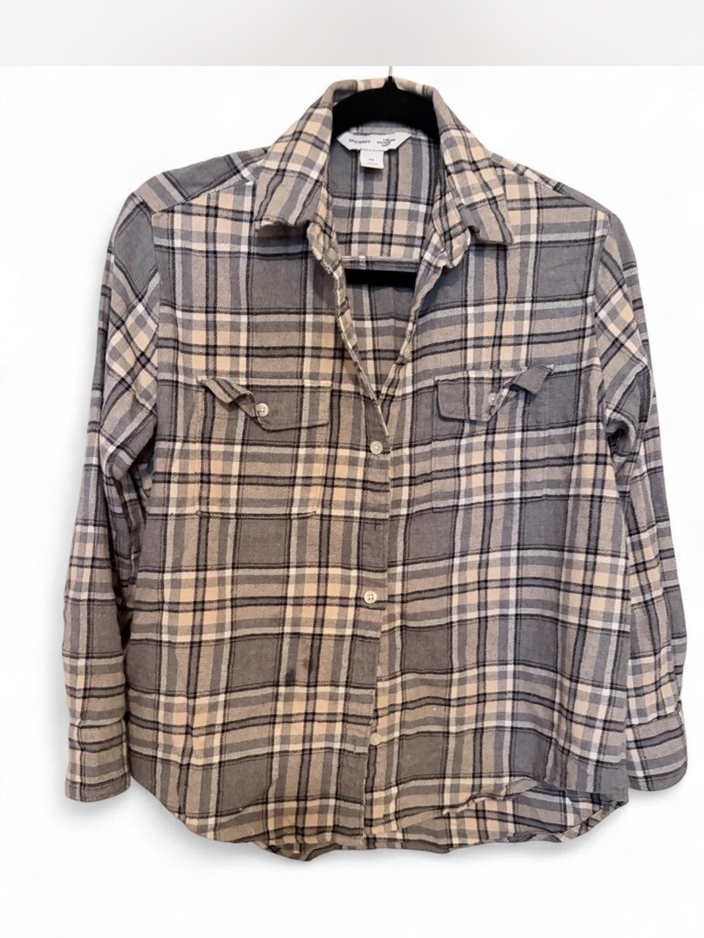 Old Navy Beige and Gray Plaid Button-Down Shirt